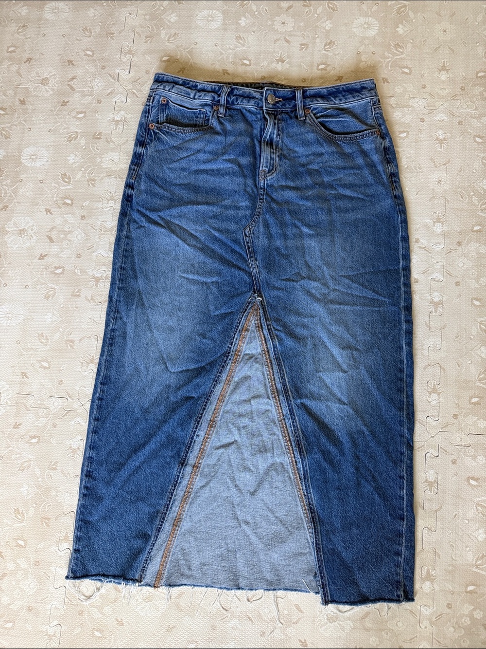 American Eagle Blue Denim Midi Skirt with Front Slit